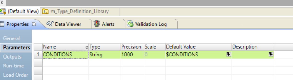 The image shows a mapping parameter with the name set to CONDITIONS and value set to $CONDITIONS. 
				