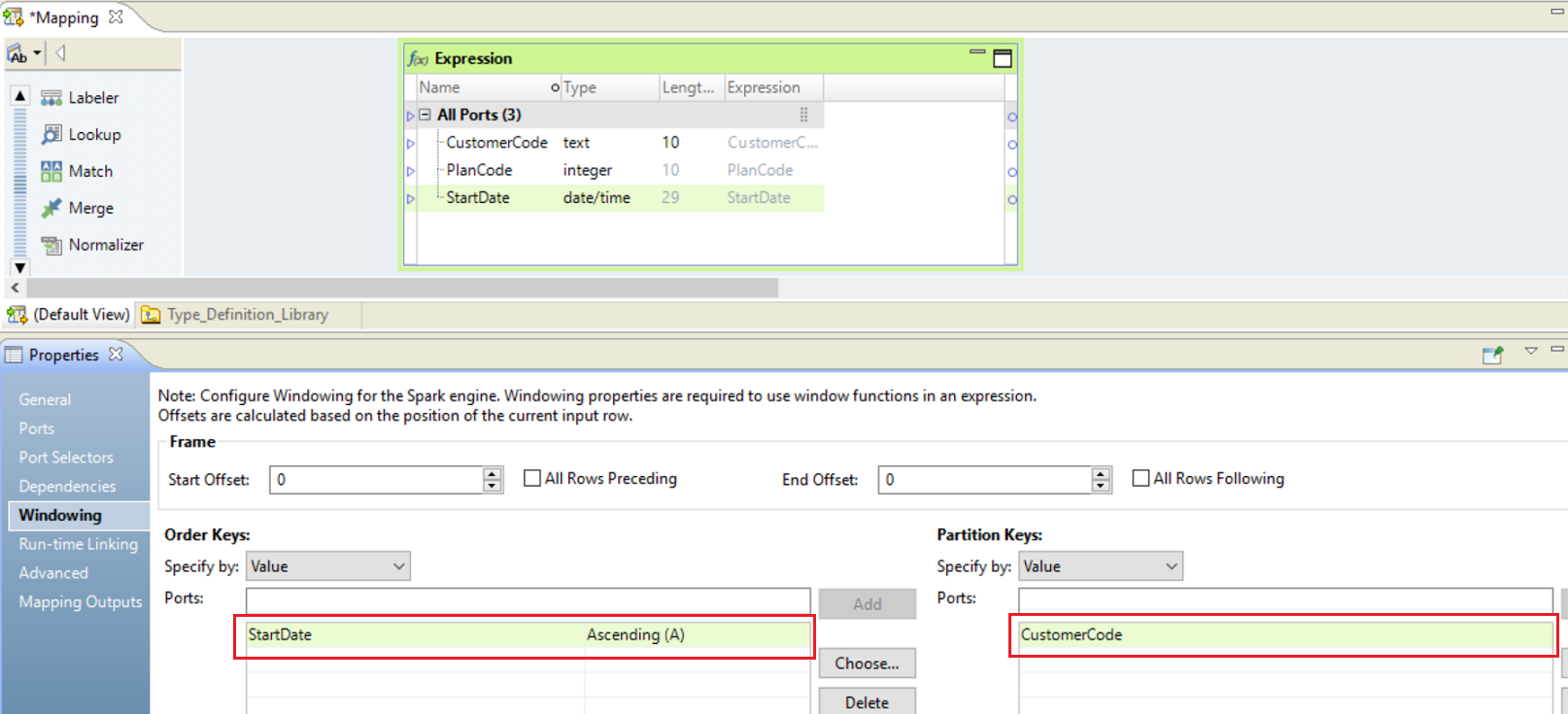 On the Windowing tab, StartDate is selected as the order key in ascending order. CustomerCode is selected as the partition key. The frame specification is not configured. 
				  