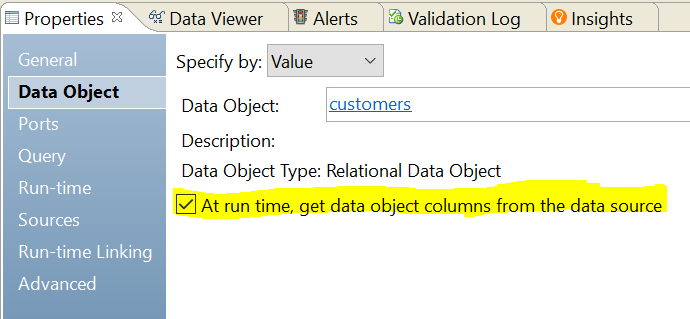 The image shows the Data Object properties sheet with the "At run time, get data object columns from the data source" option selected