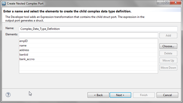 The second page of the wizard shows a default name for the child complex data type definition. The page also displays the ports that will be added as the elements of the complex data type definition. 
				  