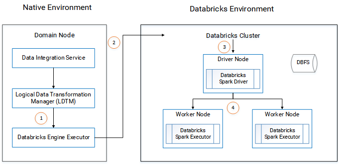 The image shows the Data Integration Service, the LDTM, and the Databricks engine executor under the native environment. In the Databricks environment, the image shows several nodes in a Databricks cluster.