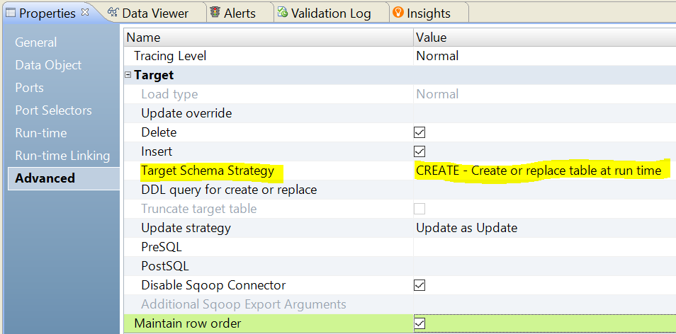 The image shows the Advanced properties sheet with the following options selected: The Target Schema Strategy property is set to "CREATE - Create or replace table at run time;" the Update strategy property is set to "Update and Update;" the Maintain row order" option is selected.