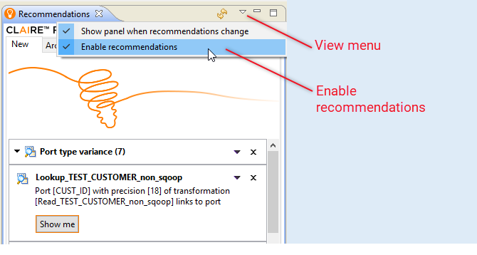 The image shows the View menu with two items, Show panel when recommendations change and Enable recommendations.