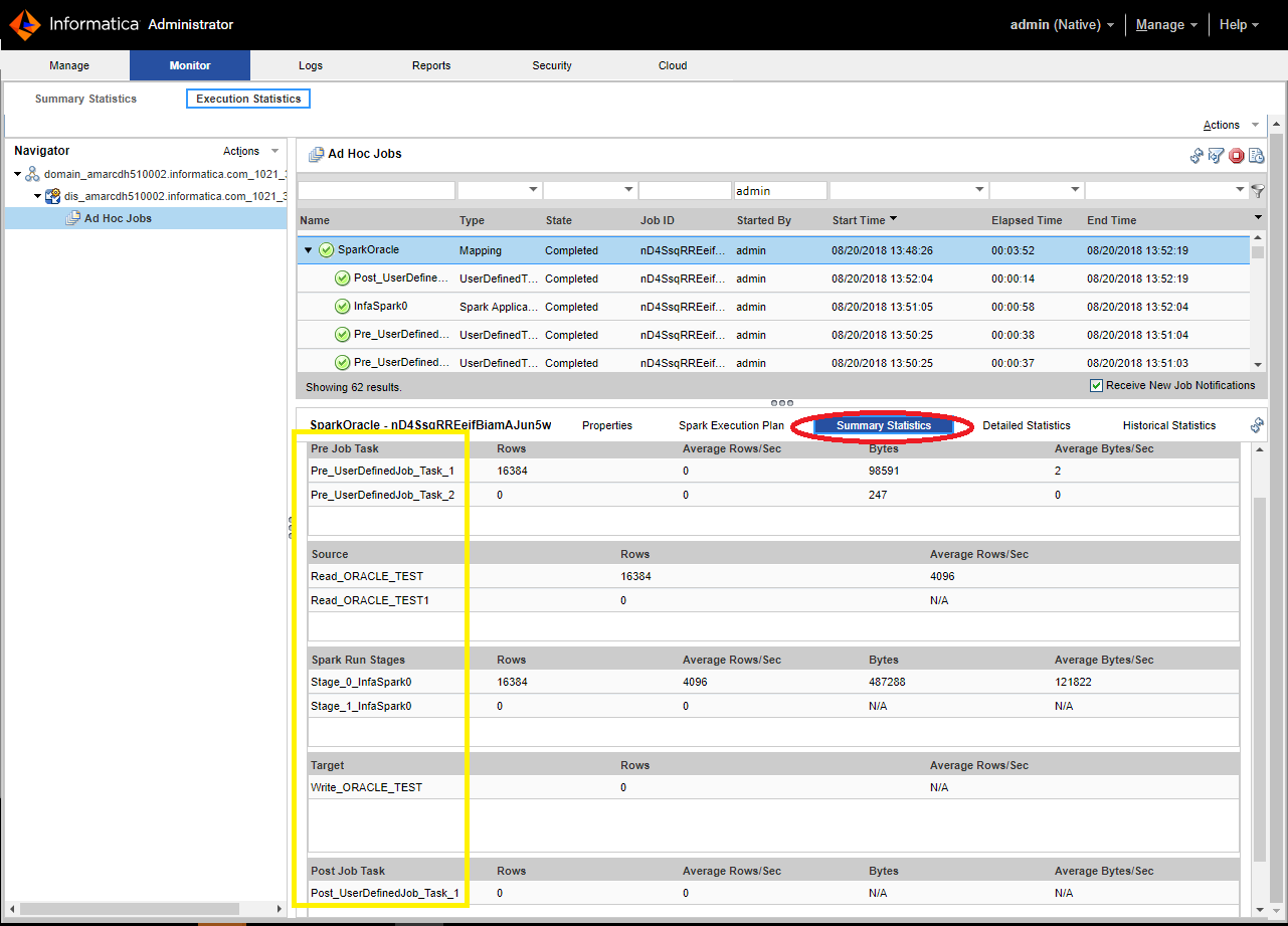 The Monitor tab is selected in the Administrator tool. Summary Statistics is selected in the details panel below. This panel displays row counts for pre jobs, source, target, and post job. 
					 