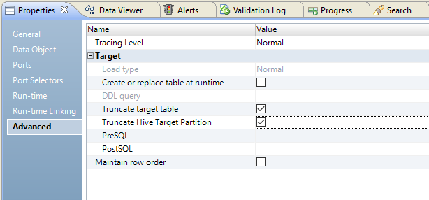 The image shows the Advanced Properties tab in the that view. The option to truncate the Hive target partition is selected.