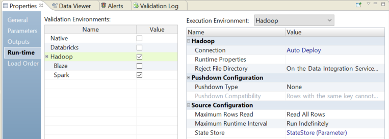 The image shows the runtime properties view. Under the execution environment choice, the user has selected Hadoop.