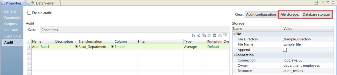 Screenshot of the Audit mapping properties in the Developer tool. A sample rule is configured, as well as file storage and database storage. The Clear File Storage and Clear Database Storage buttons are highlighted in a red rectangle.