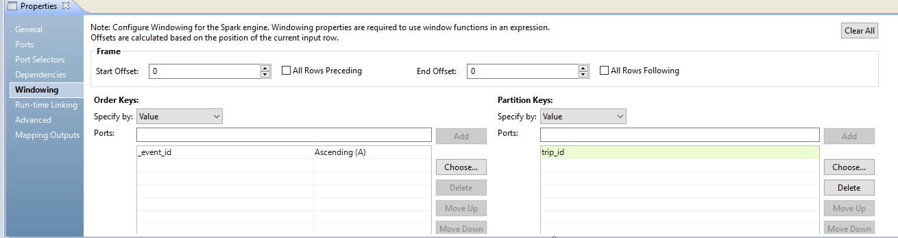 The Windowing tab shows three configuration sections. The frame section has a start offset and end offset selection box, with "All Rows Preceding" and "All Rows Following" checkboxes. You can specify the order keys and partition keys by value or parameter, and choose ports from the transformation. You can choose Ascending or Descending for the order key. 
		  