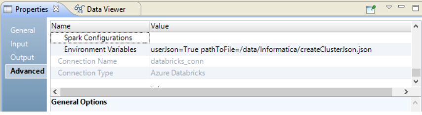 The image shows the Advanced property sheet with the Environment Variables populated with the userJson and pathToFile values.