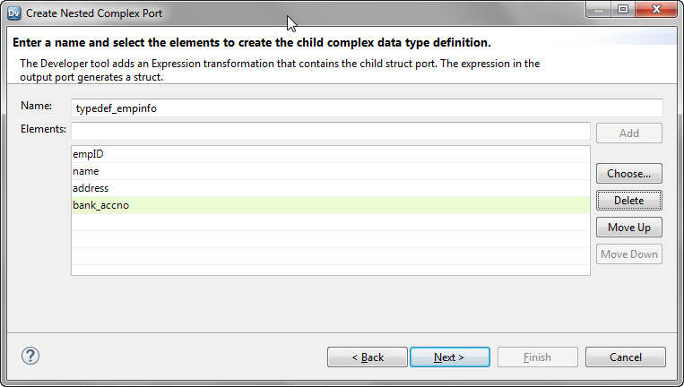 The image shows the changed name of the child complex data type definition and the list of elements to be added. 
				  