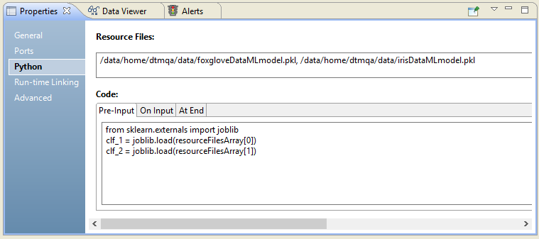 This image shows the Python tab in the Python transformation. Two resource files are listed using the resource file paths. The Python code shows resourceFilesArray[0] and resourceFilesArray[1]. 
			 