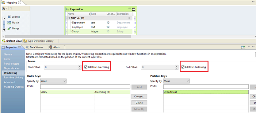 On the Windowing tab, ascending salary is selected as the order key and department is selected as the partition key. The frame is All Rows Preceding and All Rows Following. 
			 