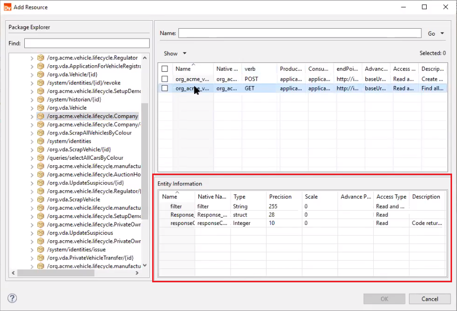 The image shows the Add Resource dialog box. In the top right corner of the dialog box, a transaction that uses an HTTP GET request is selected. The bottom right corner of the dialog box shows the Entity Information section. The section shows filter, Response_200, and response_Code columns for the transaction. Each column has name, native name, type, precision, scale, advanced properties, access type, and description properties.
					 