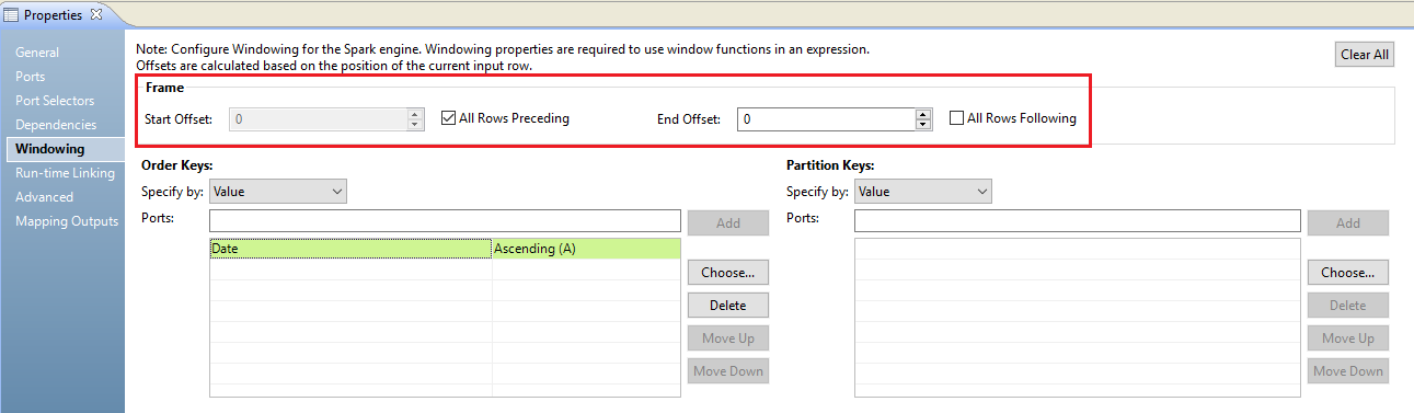 The start offset is all rows preceding and the end offset is 0. The order key is ascending date. The partition key is not specified. 
			 