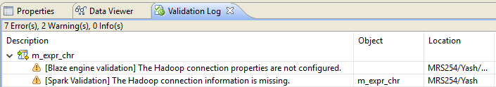 The image shows the validation log view. Errors in information messages appear under the mappings that they apply to.