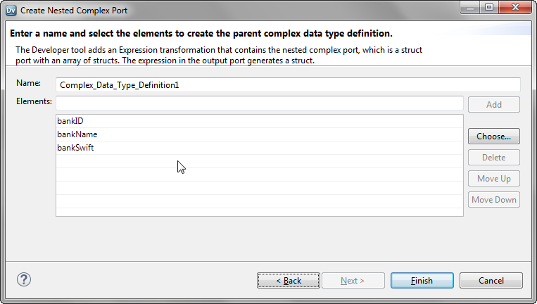 The last page of the wizard shows a default name for the parent complex data type definition. The page also displays the ports that will be added as the elements of the complex data type definition. 
				  