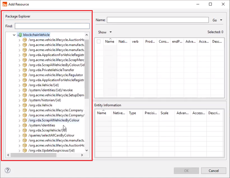 The image shows the Add Resource dialog box. The left side of the dialog box shows the Package Explorer section. The Package Explorer section shows a blockchain connection. The connection is expanded to show the available resource URIs. 
				  