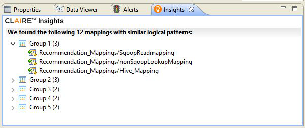 The image shows the Insights view with one of five groups of mappings expanded to show the member sof the expanded group.