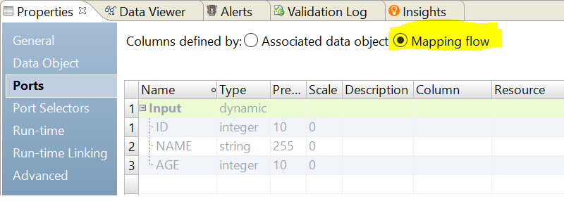 the iamge shows the Ports property sheet with "Columns defined by Mapping flow" selected