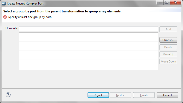 The third page of the wizard contains the Elements field and the Choose button to select the group by port from the parent transformation. 
				  