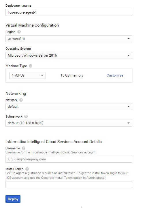 The deployment options appear on the "New Informatica Intelligent Cloud Services Secure Agent deployment" page. The options include the deployment name, virtual machine configuration options, networking options, and Informatica Intelligent Cloud Services account details. The Deploy button appears at the bottom of the page.
				  
