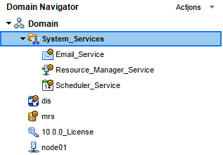 The Domain is expanded in the Domain Navigator. The Domain contains a system services folder, a model repository service, a data integration service, a license, and a node. The System Services folder contain an email service, a resource manager service, and a scheduler service. 
			 