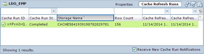The Cache Refresh Runs view displays details about the default cache table created for the logical data object named LDO_EMP. 
				  