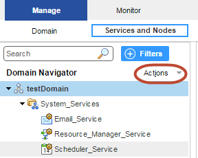 En la vista Servicios y nodos, el dominio llamado testDomain está seleccionado en el navegador del dominio.
				  