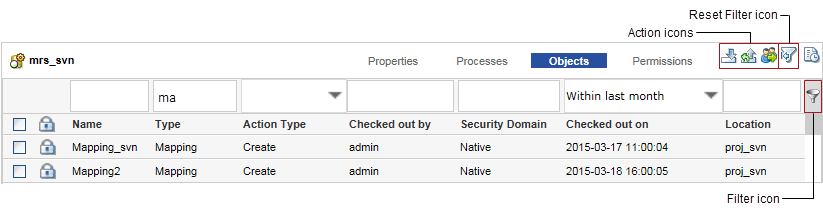 La ficha Objetos enumera los objetos del repositorio cuando se aplica un filtro a la vista.
