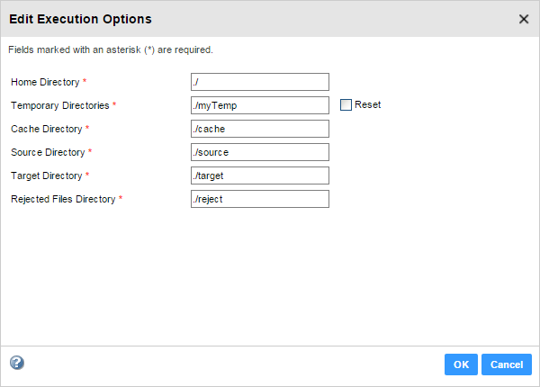 The Temporary Directories property is overridden to the value "./myTemp." A Reset check box displays next to the property. 
		  