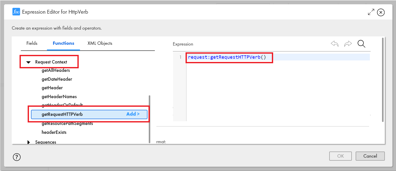 The image shows the getRequestHTTPVerb function under the Request Context section in the Expression Editor. 
		  