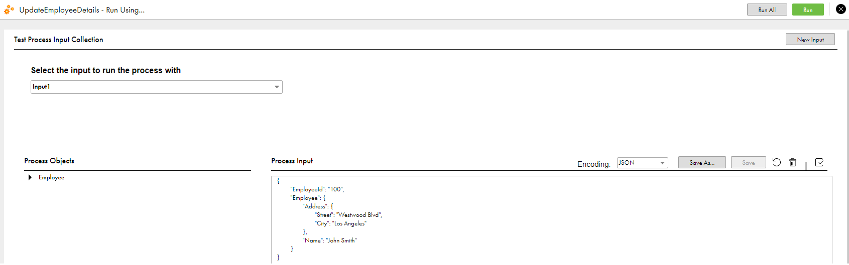 The image shows the Test Process Input Collection page. 
				  