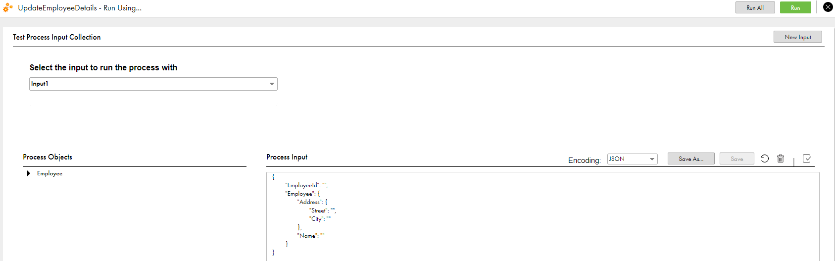 The image shows the Process Input section populated with input fields for an Employee process object. 
				  