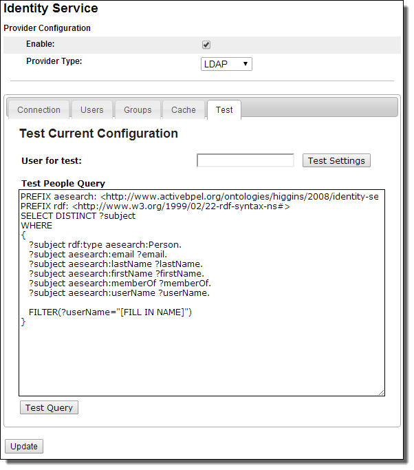 Test Tab for LDAP or JDBC-based Identitry Service 
		  