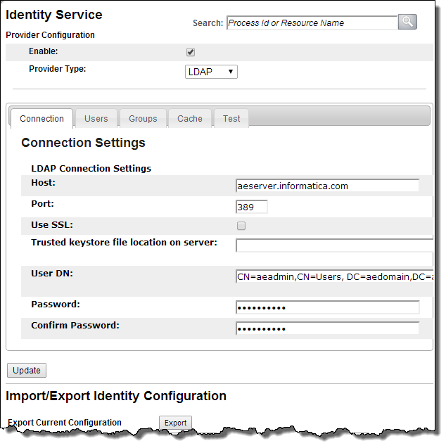 Identity Service: Connection Settings for LDAP 
		  