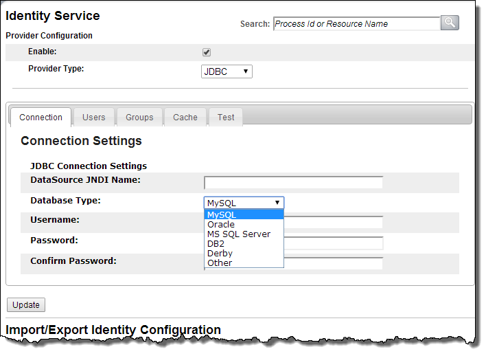 Identity Service Connection tab for JDBC 
		  