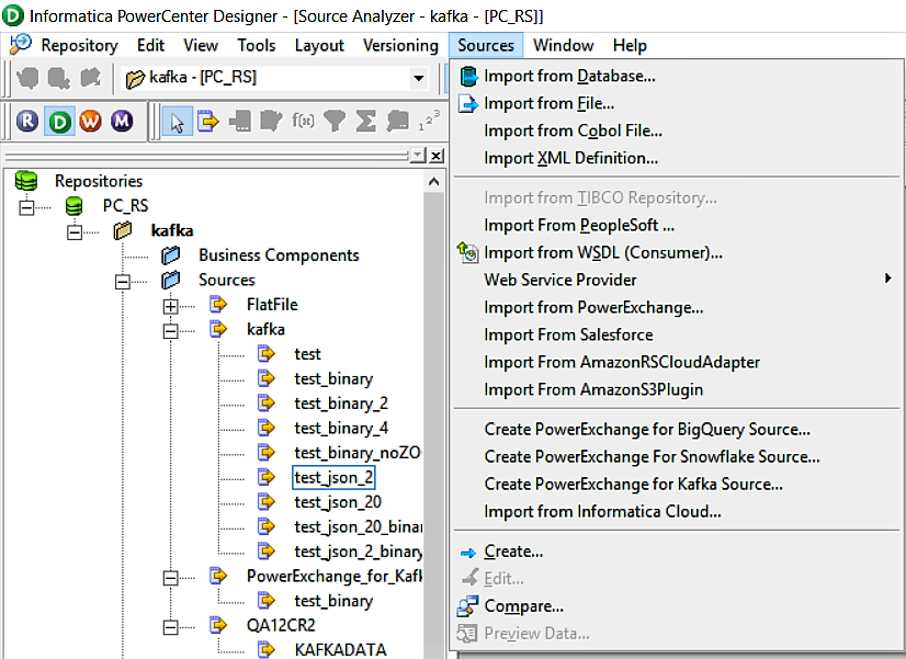 The image shows the location of the Create PowerExchange For Kafka Source option. 
						