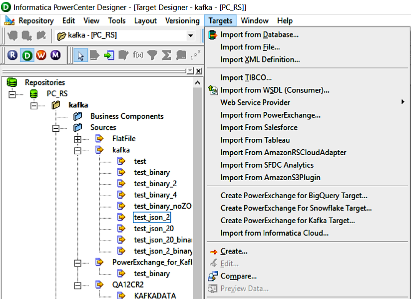 The image shows the location of the Create PowerExchange For Kafka Target option. 
						