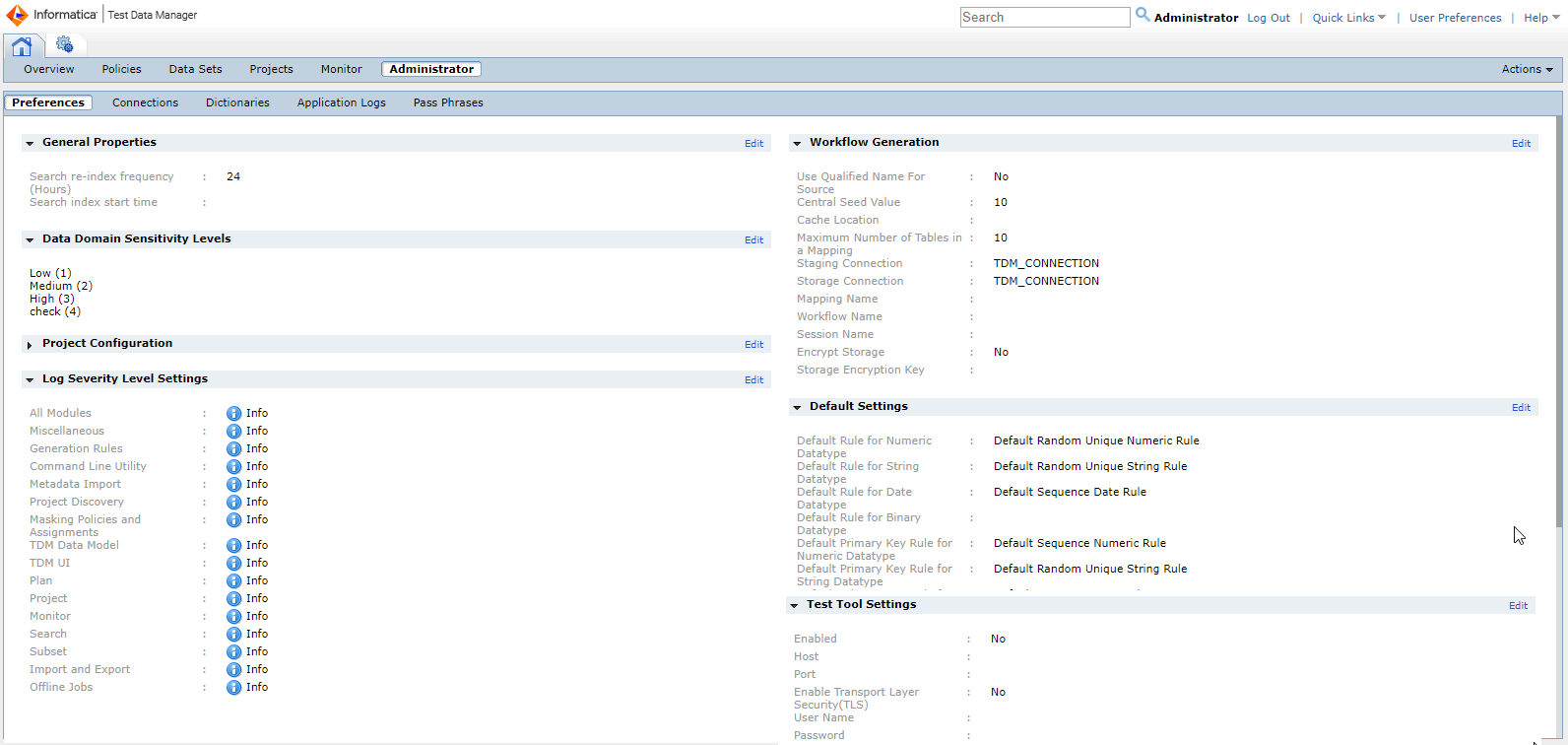 The Administrator view contains the following views: Preferences, Connections, Dictionaries, Application Logs, Pass Phrases, and Repositories and Mart. Each view contains a contents panel and details panel. 
			 