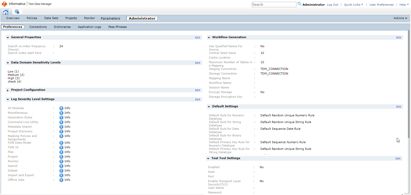 The Administrator view contains the following views: Preferences, Connections, Dictionaries, Application Logs, and Pass Phrases. Each view contains a contents panel and details panel.
			 
