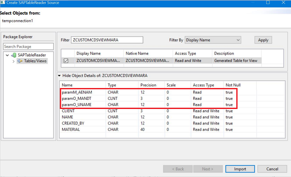 The image shows an ABAP CDS view selected and its column metadata. 
				