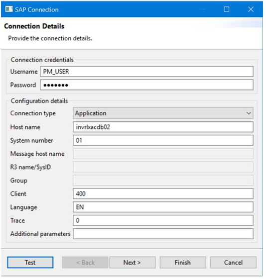 The SAP Connection dialog box shows the connection details. 
				  