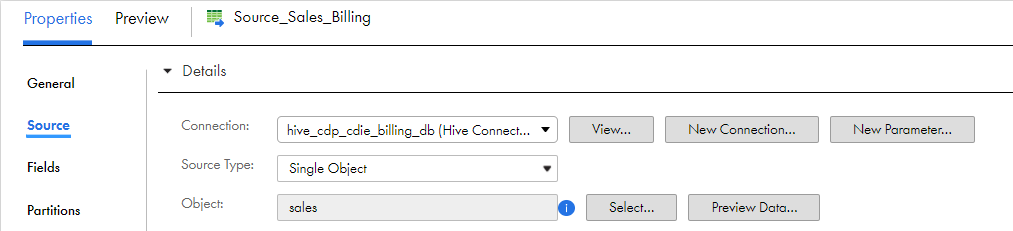 The Hive source properties show the configured Sales object from where you read the data. 
				  