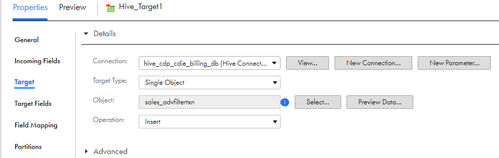 The Hive target properties show the selected Hive target table where you want to write the data. 
						