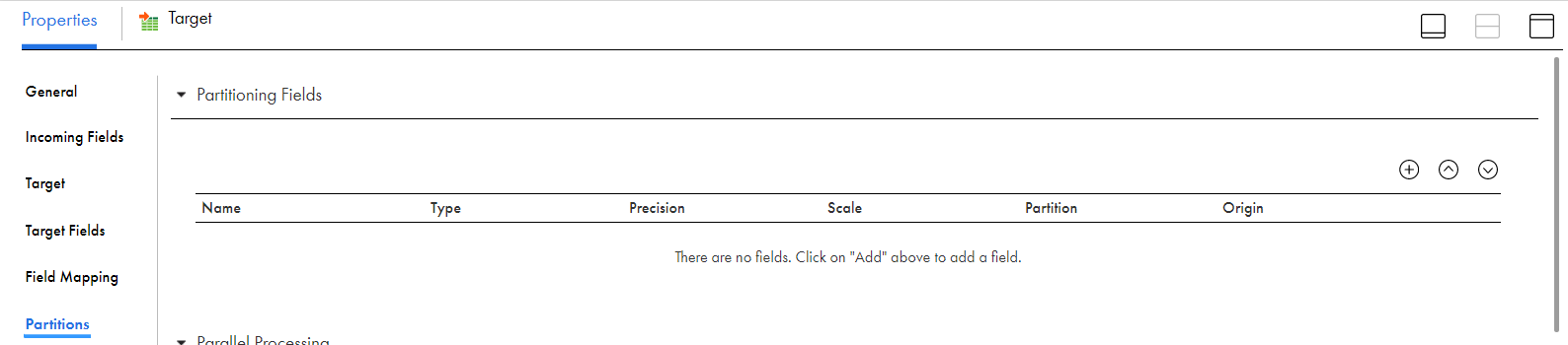 The image shows the Add button in the Partitions tab to add the partition columns. 
				  