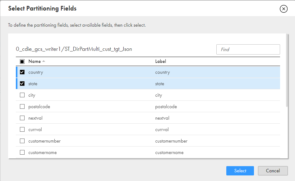 The list of available fields from which you can select partitioning fields. 
				