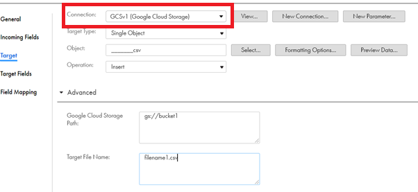 The connection type used is Google Cloud Storage V1 connection.
				  