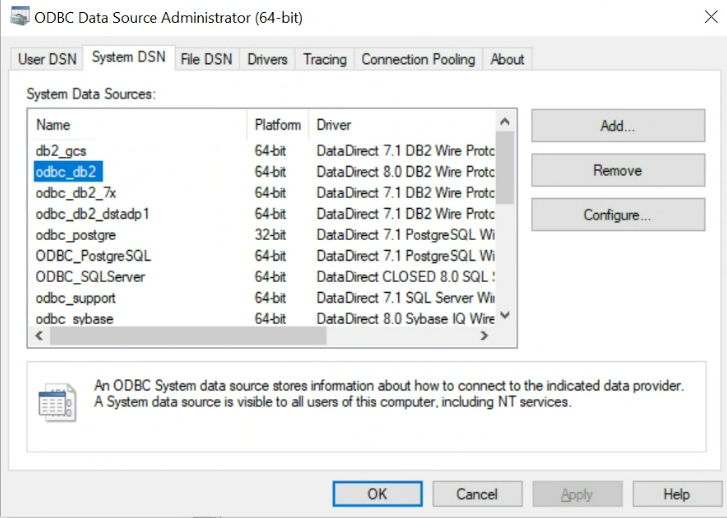 The image shows the system data sources on the ODBC Data Source Administrator (64-bit) dialog box. 
				  