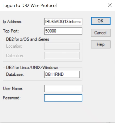 The image shows to specify the credentials of your DB2
										database. 