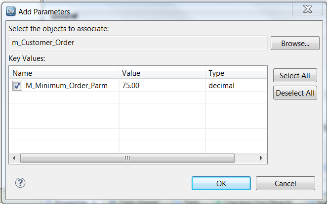 The Add Parameters dialog box has a Browse button that you click to select mappings and workflows. when you select a mapping or workflow, the parameters appear in a list. Select which parameters to include in the parameter set. 
				  